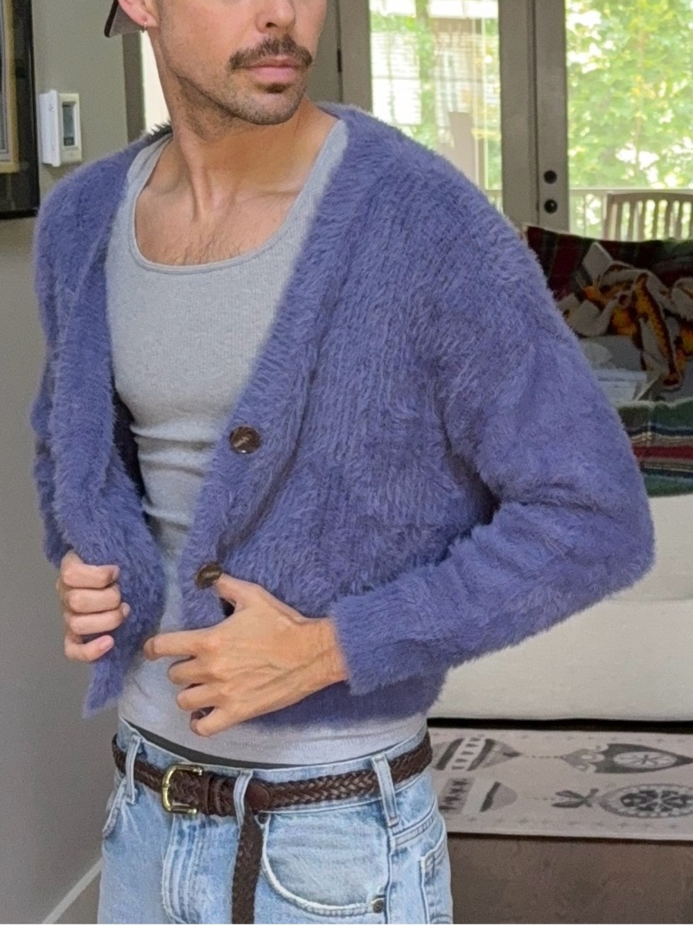 💜 Molly Green Fuzzy Lavender Cardigan Soft Eyelash Knit Cozy Sweater M